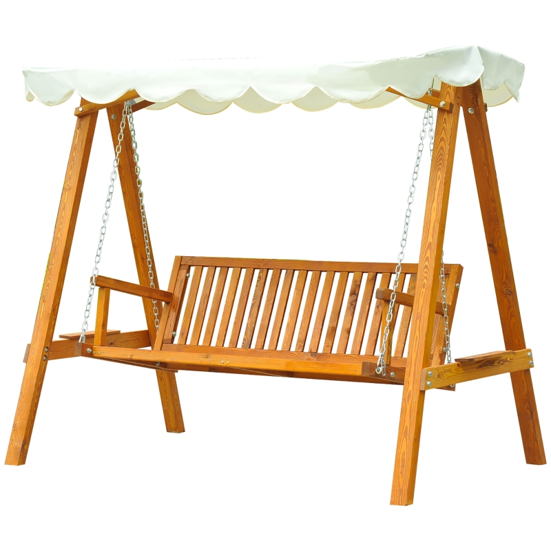 Best 3 Seater Garden Swing Seat with Canopy, Wooden Swing Chair, Outdoor Hammock Bench for Balcony Patio Porch, Cream White - Image 11