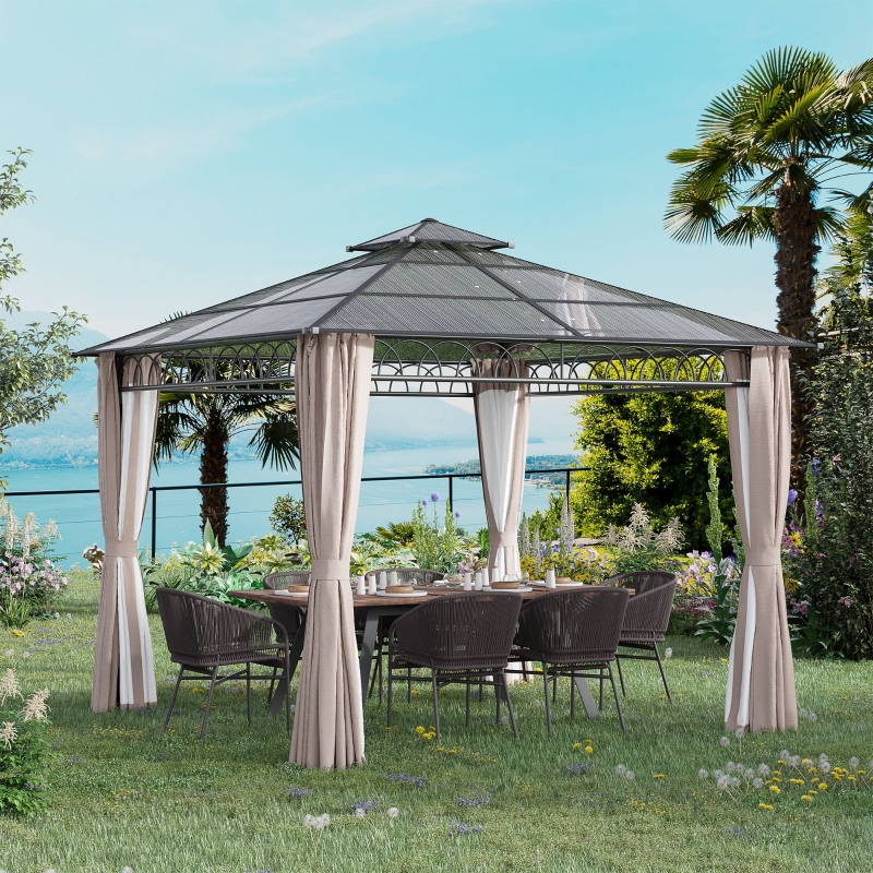 Best 3 x 3 (m) Outdoor Polycarbonate Gazebo, Double Roof Hard Top Gazebo with Galvanised Steel Frame, Nettings & Curtains for Garden, Lawn, Patio and Deck, Khaki - Image 10