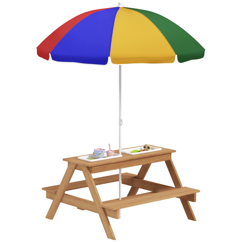 AIYAPLAY Kids Picnic Table, Sand and Water Table with Wooden Benches, Adjustable Parasol and Storage Bins, Multicolour - Image 10