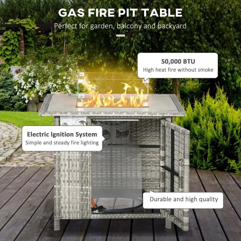 Best Outdoor PE Rattan Gas Fire Pit Table, Patio Square Propane Heater with Rain Cover, Glass Windscreen, and Lava Stone, 50,000 BTU, Grey - Image 4