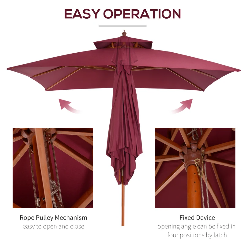 Best 3 x 3(M) Garden Parasol Umbrella Sunshade, Outdoor Wooden Parasol with Double Tier Canopy, Wine Red - Image 4