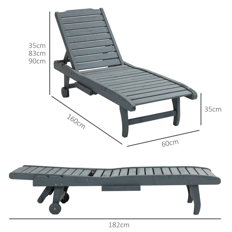 Best Garden Patio Sun Lounger, Outdoor Wooden Sun Bed with Built-In Table, Reclining Backrest and Rolling Wheels for Sunbathing, Grey - Image 3