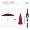 Best 3(m) Tilting Parasol Garden Umbrellas, Outdoor Sun Shade with 8 Ribs, Tilt and Crank Handle for Balcony, Bench, Garden, Wine Red - Image 6