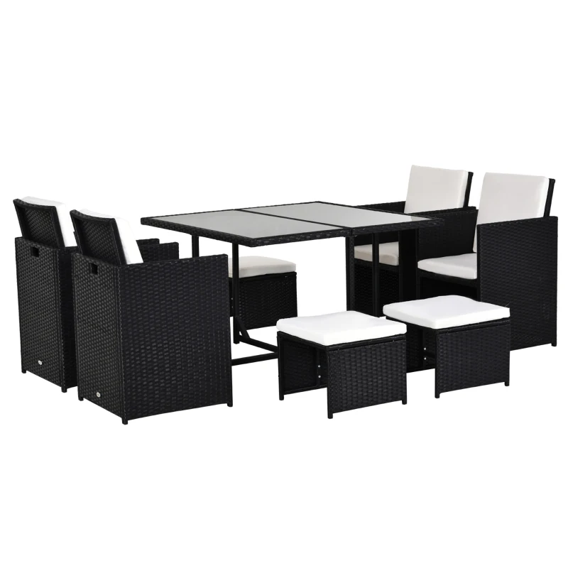 Best 8 Seater Rattan Cube Garden Furniture Set, Rattan Dining Set with Cushions, Outdoor Dining Table and Chairs with 4 Armchairs, 4 Stools, Square Glass Top Table, Black