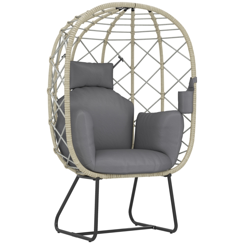 Best Rattan Egg Chair Outdoor Indoor Wicker Chair with Thickened Cushion and Headrest, Standing Garden Egg Chair with Cup Holder, Metal Frame for Patio, Balcony, Grey - Image 10
