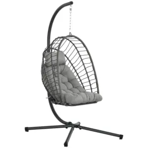 Best Outdoor PE Rattan Swing Chair with Foldable Basket and Cushion, Garden Patio Hanging Egg Chair with Metal Stand, Headrest for Indoor and Outdoor, Light Grey