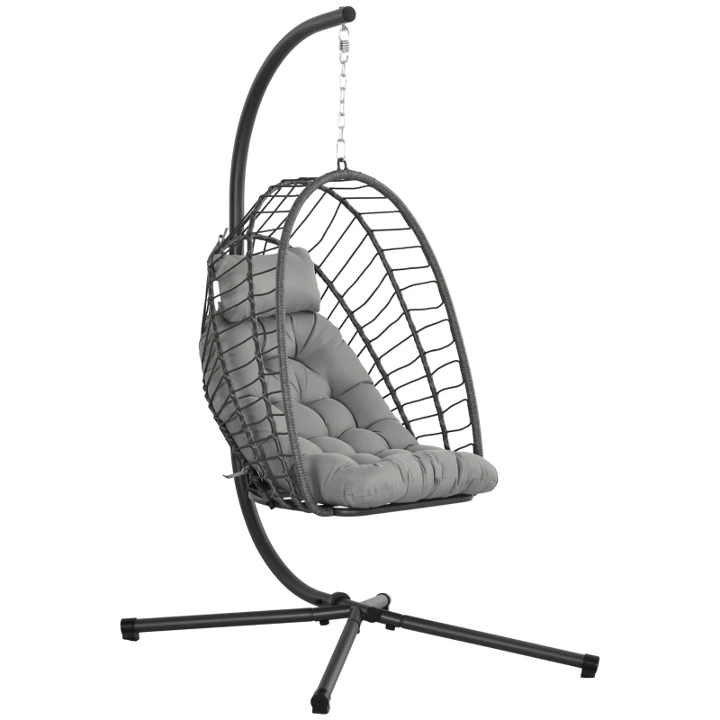 Best Outdoor PE Rattan Swing Chair with Foldable Basket and Cushion, Garden Patio Hanging Egg Chair with Metal Stand, Headrest for Indoor and Outdoor, Light Grey