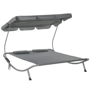 Best Double Hammock Sun Lounger Bed with Canopy Shelter, Wheels & 2 Pillows, Grey