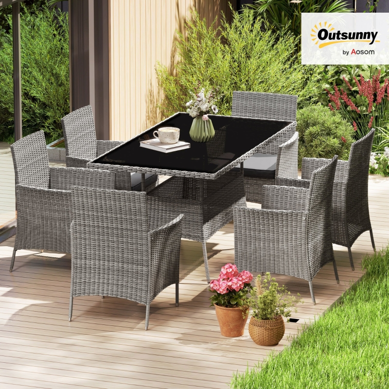Best 7-Piece Rattan Garden Furniture Set with Cushions, 6 Seater Garden Table and Chairs, Rattan Dining Set with 6 Armchairs, Rectangular Glass Top Table, Charcoal Grey - Image 9
