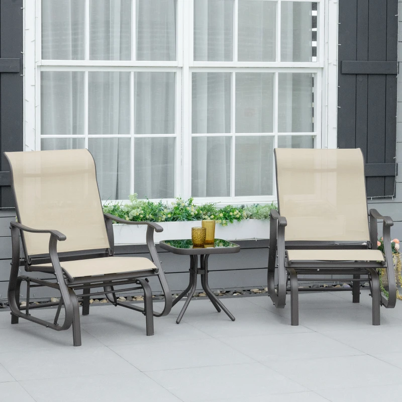 Best Set of 3 Gliding Chair & Tea Table Set, Outdoor Rocker Set with 2 Armchairs, Tempered Glass Tabletop, Khaki - Image 2