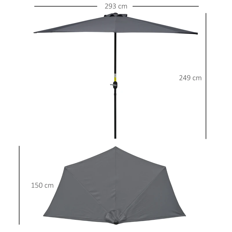 Best 3(m) Half Parasol Semi Round Umbrella Patio Metal Frame Crank Handle for Balcony-- NO BASE INCLUDED, Grey - Image 3