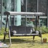 Best 3 Seater Garden Swing Chair Outdoor Hammock Bench w/ Adjustable Canopy, Cushions and Cup Trays, Brown Steel Frame, Dark Grey Fabric - Image 2