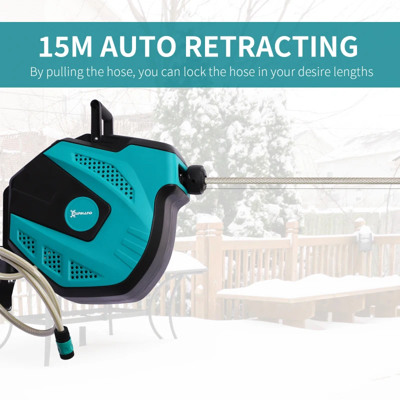 DURHAND 15m Garden Auto Hose Reel Wall Mounted Retractable 7 Patterns Spray Nozzle - Image 5