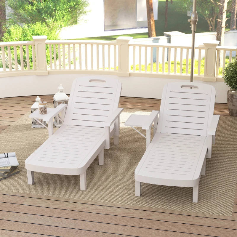Best Set of 2 Resin Reclining Sun Loungers for Garden, 5 Positions Adjustable Outdoor Chaise Lounge Chairs with Wood Texture Surface, Armrests, Foldable Side Table for Garden, Beach, White - Image 8