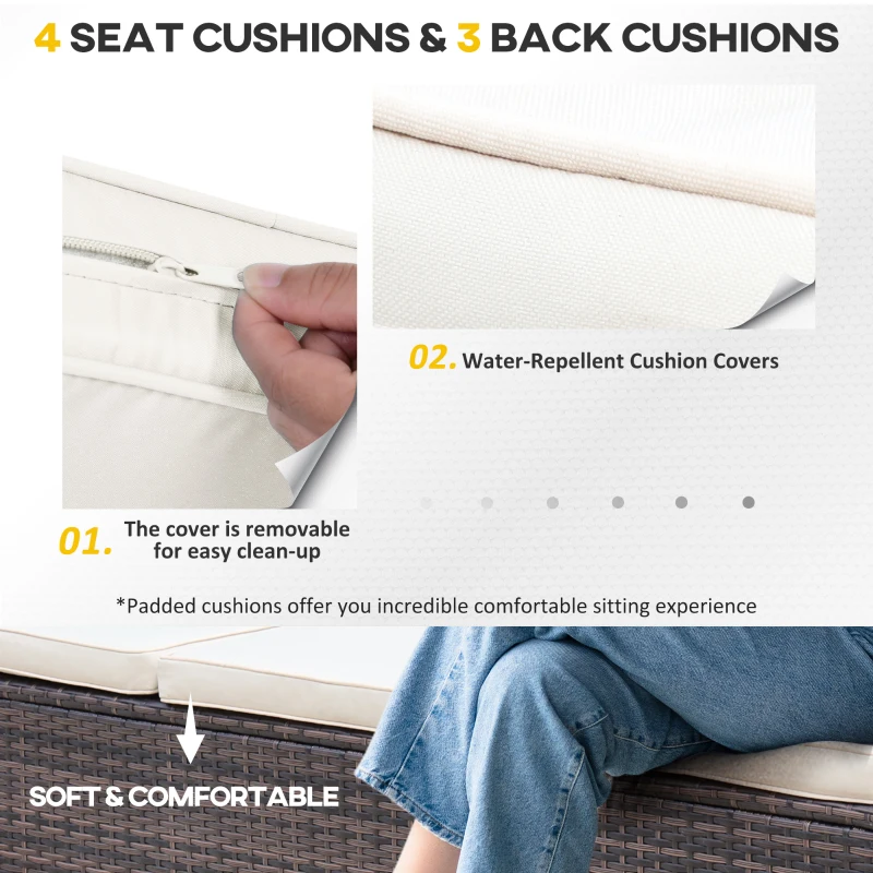 Best 3 Pieces Outdoor PE Rattan Corner Sofa Set with Thick Cushions, Patio Rattan Garden Furniture with Glass Top Coffee Table and Footstool, Brown - Image 7