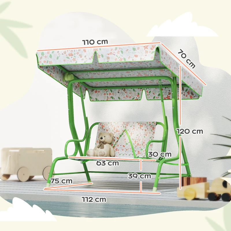 AIYAPLAY Kids Garden Swing Chair with Adjustable Canopy, Safety Belt, 2 Seater Hammock Swing Bench for Patio, Porch, Green - Image 3