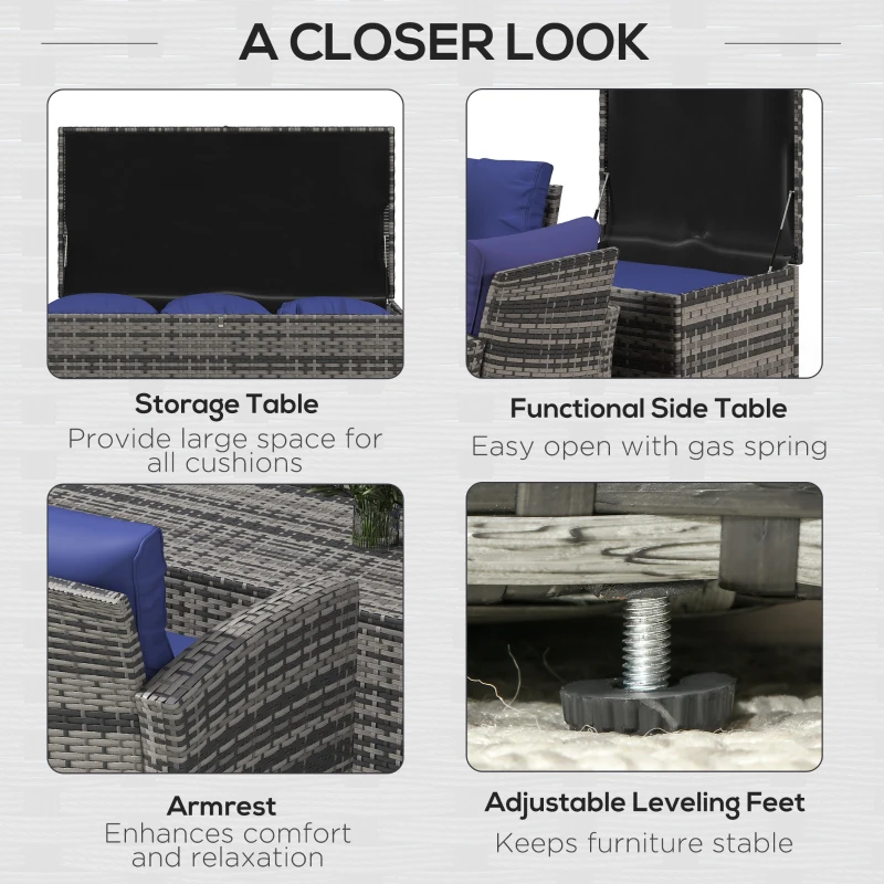 Best 6 Pieces Rattan Garden Furniture Set, 7 Seater Wicker Outdoor Furniture Set with Storage Tea Table & Side Table, Sectional Garden Sofa Set with Cushions, Navy Blue - Image 6