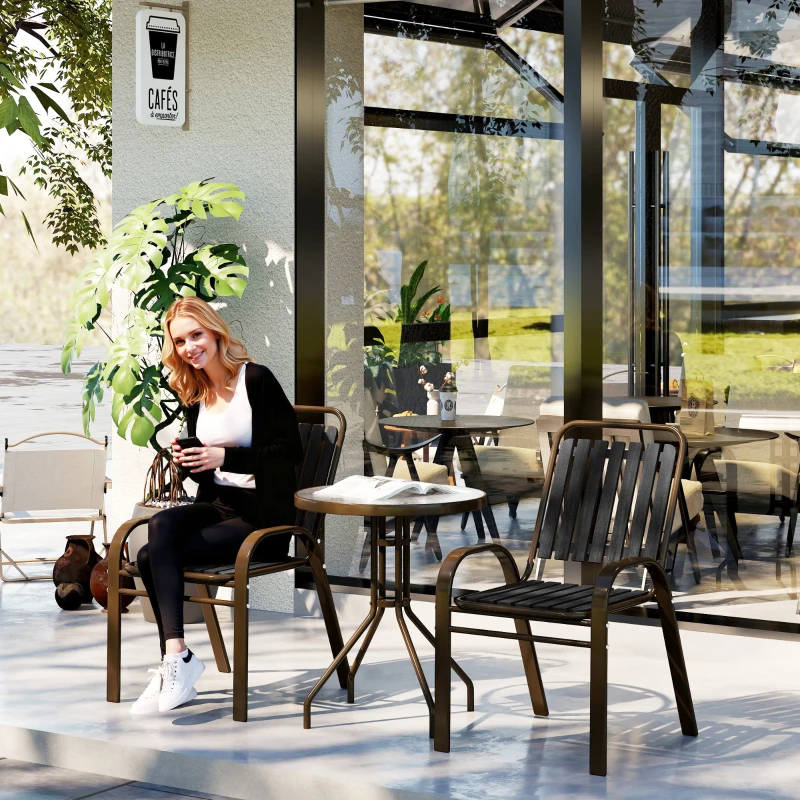 Best 3 Pieces Patio Bistro Set with Stackable Chairs, Tempered Glass Table, for Outdoor, Balcony, Patio, Garden Charcoal Grey - Image 2