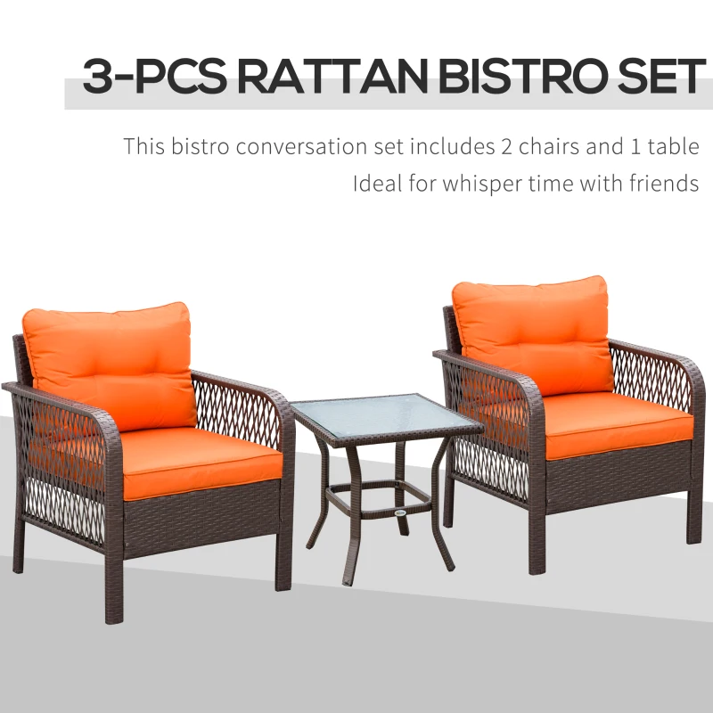 Best 3 Pieces Rattan Bistro Set with Glass Top Coffee Table, Chairs and Cushions for Outdoor, Patio, Balcony, Orange - Image 4