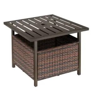 Best Rattan Garden Coffee Table, 55.5 cm Square Wicker Patio Side Coffee Table with 4 cm Umbrella Hole, Metal Bottom and Slatted Top for Outdoor, Balcony, Brown