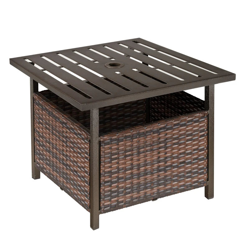 Best Rattan Garden Coffee Table, 55.5 cm Square Wicker Patio Side Coffee Table with 4 cm Umbrella Hole, Metal Bottom and Slatted Top for Outdoor, Balcony, Brown