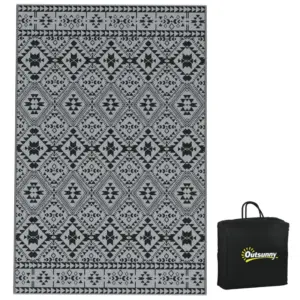 Best 182 x 274cm Reversible Patterned Outdoor Rug, with Bag - Black/Grey
