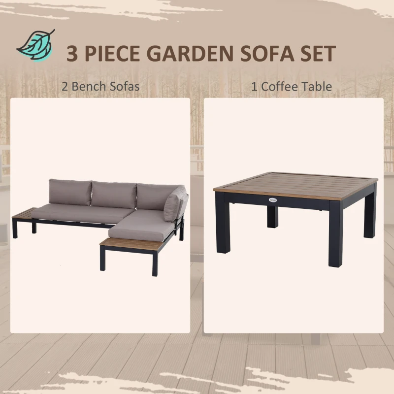 Best 3 Pieces Garden Furniture Set, Aluminium 4 Seater Corner Sofa Set with 2 Loveseats, Coffee Table and Side Trays, Outdoor Conversation Furniture with Cushions for Garden, Black - Image 4