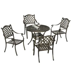 Best 5-Piece Outdoor Furniture Dining Set, Cast Aluminum Conversation Set Includes 4 Chairs and Φ90cm Round Table with Φ50mm Umbrella Hole for Patio Garden Deck, Flower Design