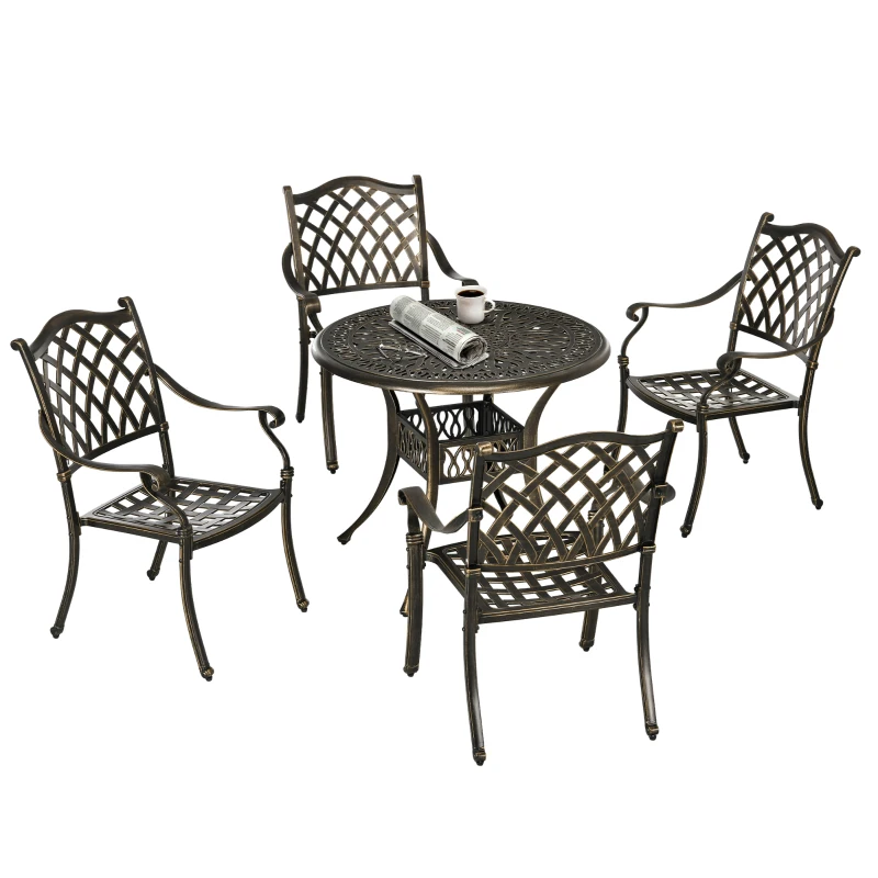 Best 5-Piece Outdoor Furniture Dining Set, Cast Aluminum Conversation Set Includes 4 Chairs and Φ90cm Round Table with Φ50mm Umbrella Hole for Patio Garden Deck, Flower Design