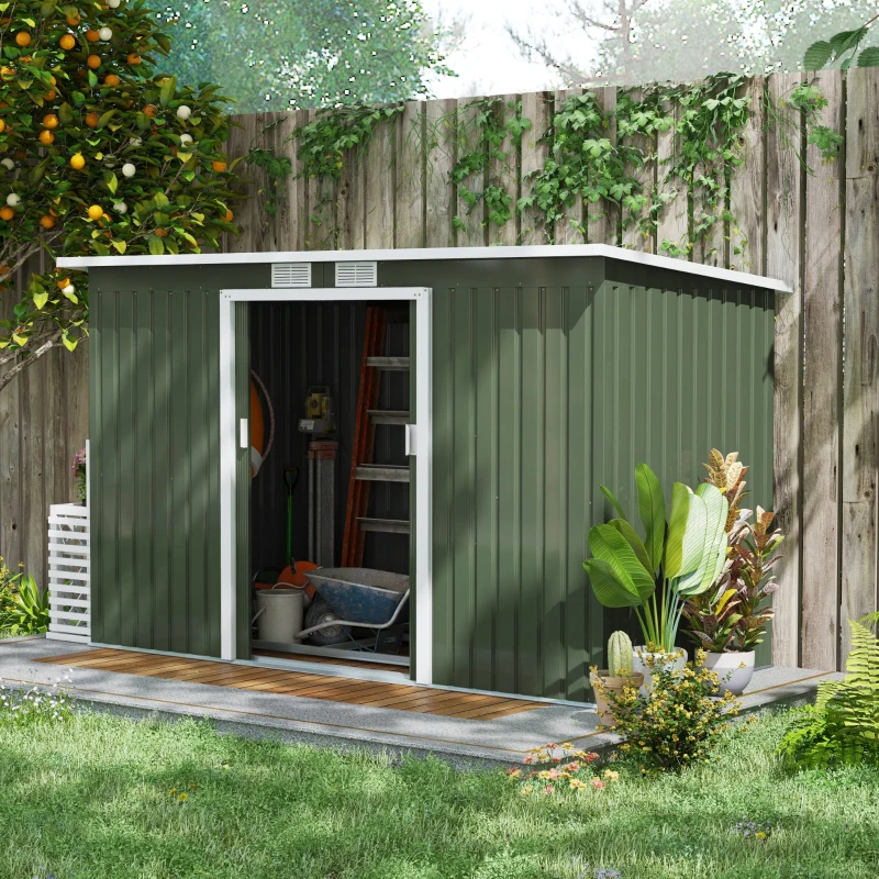 Best 9ft x 4ft Metal Garden Shed, Outdoor Tool House with Foundation Kit, Ventilations and Double Doors, Light Green - Image 2
