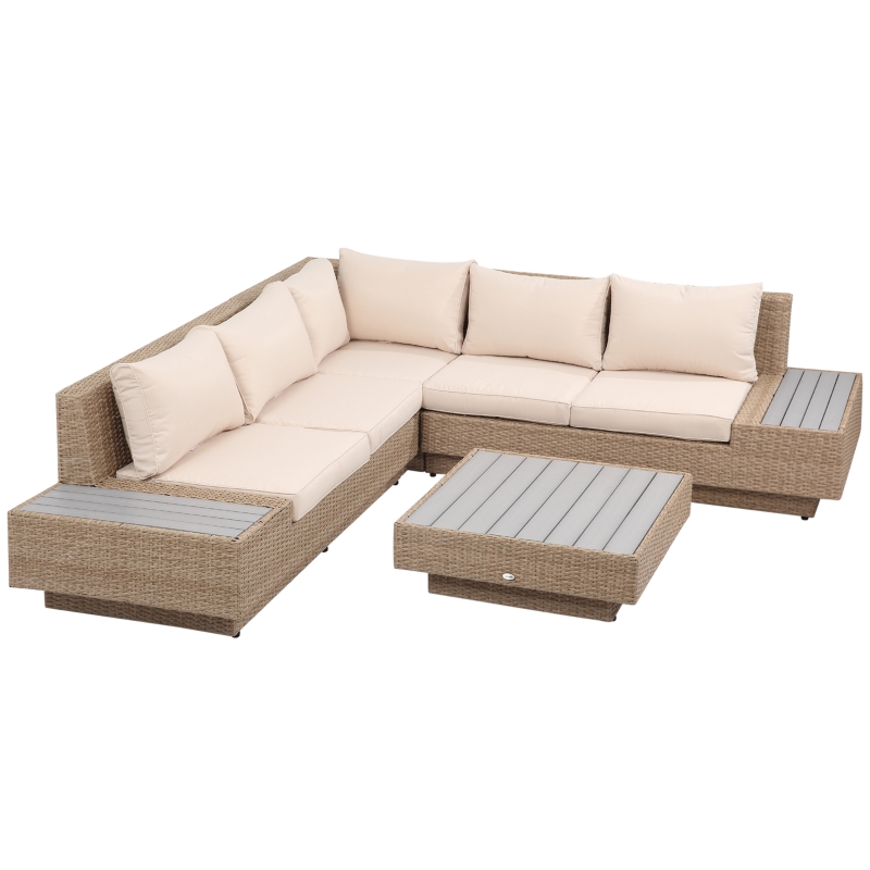 Best 4 Pieces Rattan Garden Furniture Set, Garden Corner Sofa with Side Trays, Wicker Conservatory Furniture Set with Loveseats, Slatted Plastic Top Coffee Table and Cushions, Beige - Image 11