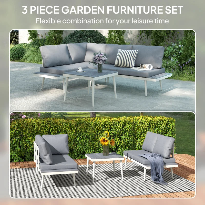 Best 3 Piece Garden Furniture Set with 5-Level Adjustable Lounger, L Shaped Garden Corner Sofa with Cushions, Mesh Seat, Slatted Wood-Grain Table, Outdoor Furniture Set for Conservatory, Grey - Image 4