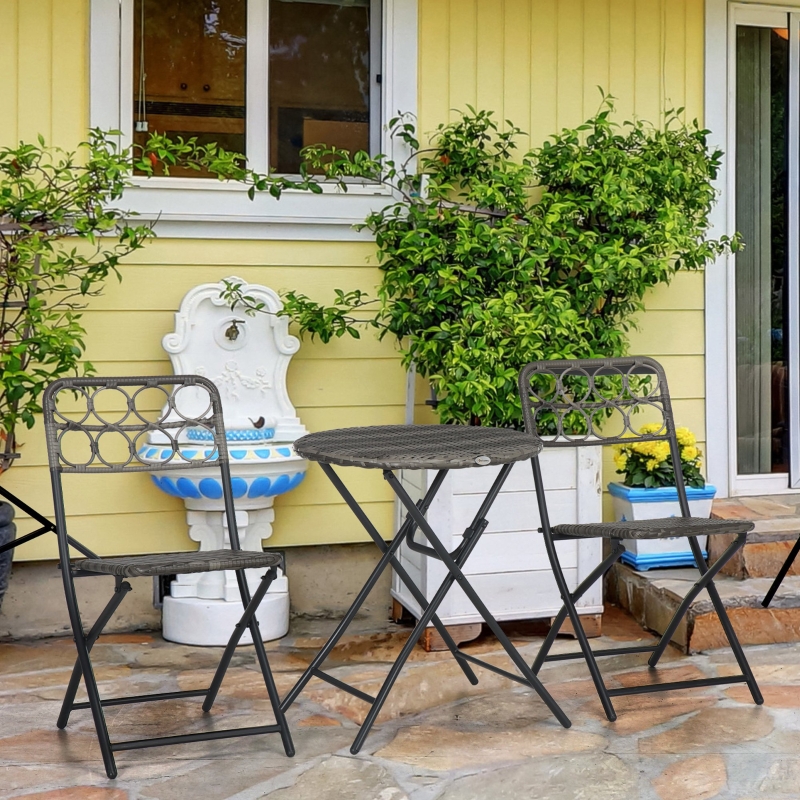 Best 3 Pieces Rattan Bistro Set, Wicker Folding Garden Furniture Set with Coffee Table and Chairs for Outdoor, Patio, Balcony, Grey - Image 10