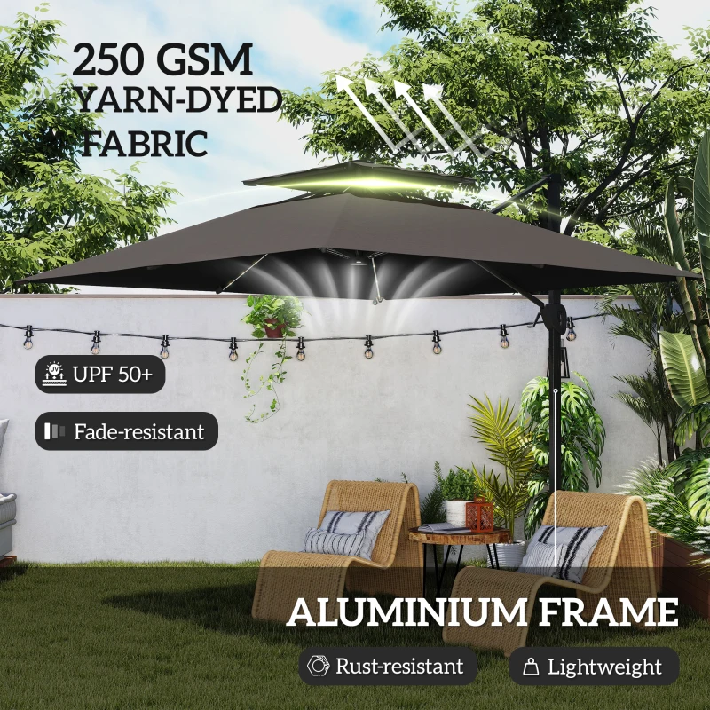 Best 3.5x3 m Garden Cantilever Parasol with Solar LED Lights and Centre Light, Aluminium Large Square Patio Umbrella, UPF50+ Hanging Sun Shade with Cross Base, Crank Handle and Tilt, Grey - Image 5