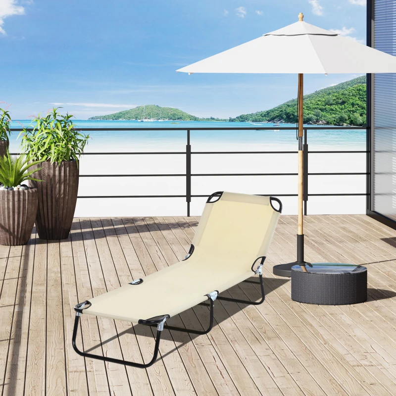 Best Foldable Sun Lounger with 5-Position Adjustable Backrest, Outdoor Portable Recliner Chaise Lounge Chair with Breathable Mesh Fabric, Beige - Image 2