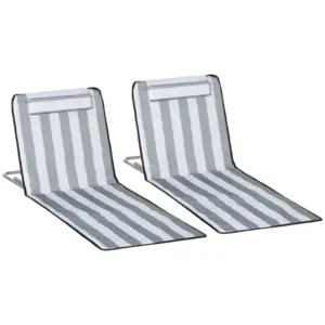 Best Set of 2 Foldable Garden Beach Chair Mat Lightweight Outdoor Sun Lounger Seats Adjustable Back Metal Frame PE Fabric Head Pillow w/ Carry Bag, Light Grey