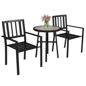 Best 3 Piece Patio Bistro Set with Plastic Top, 2 Stackable Chairs, Galvanised Steel Frame, Grey