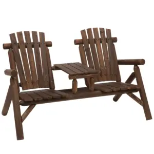 Best Wood Patio Chair Bench 2 Seats Jack and Jill Seat w/ Center Coffee Table, Garden Bench, Carbonized