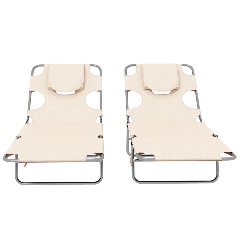 Best Foldable Sun Lounger Set of 2, Beach Chaise Lounges with Reading Hole, Arm Slots, 5-Position Adjustable Backrest, Side Pocket, Pillow for Patio, Garden, Beach, Pool, Beige - Image 8