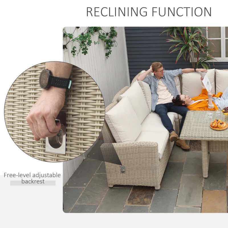 Best 5 PCS Reclining PE Rattan Garden Dining Set Bonzer Patio Furniture w/ Sofa Chairs Glass Table, Olefin Cushions Adjustable Feet Stylish Lounge Conversation - Image 8