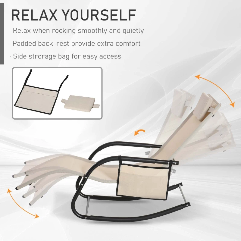 Best Outdoor Garden Rocking Chair, Patio Sun Lounger Rocker Chair with Breathable Mesh Fabric, Removable Headrest Pillow, Armrest, Side Storage Bag, Cream White - Image 6