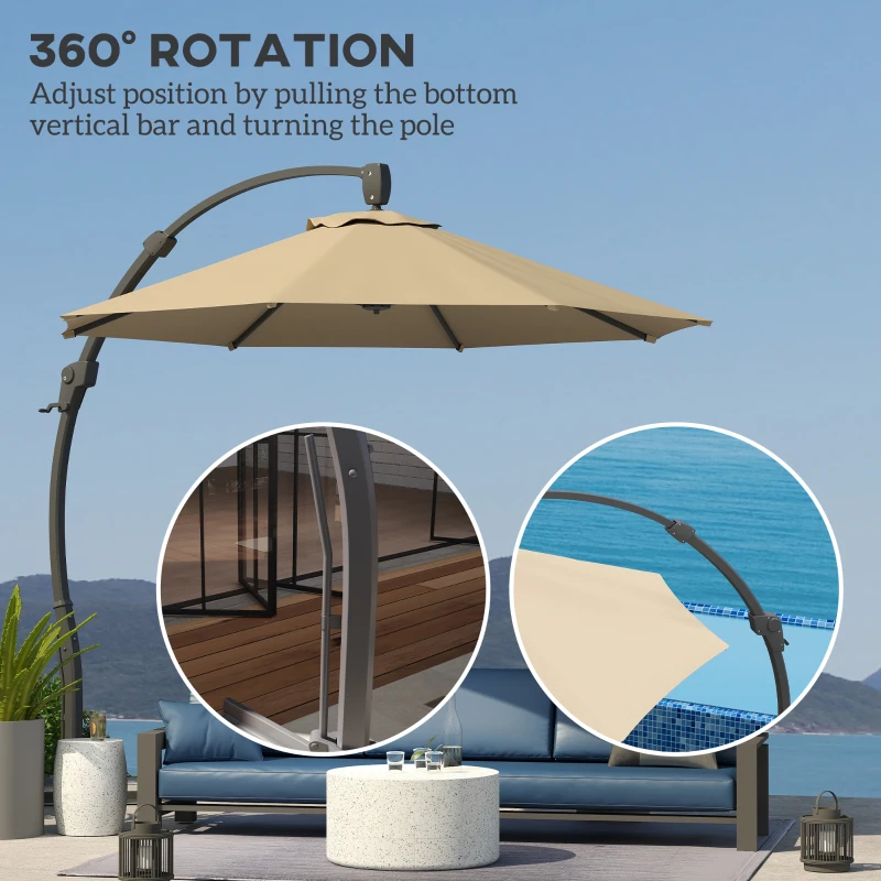 Best 3(m) Garden Cantilever Parasol, Round Overhanging Umbrella with Crank Handle, Cross Base, Aluminium Frame and 360° Rotation, Banana Patio Umbrella for Outdoor Sun Shade, Khaki - Image 5