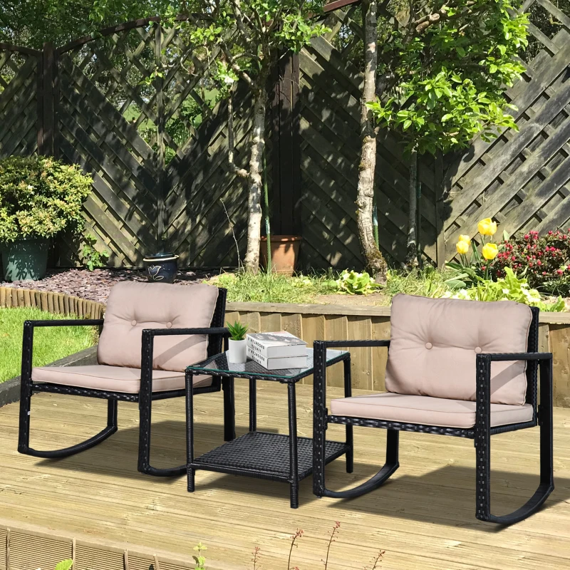 Best 3 Pieces Rattan Garden Rocking Chair Set, Outdoor Rocking Bistro Set w/ 2 Cushioned Armchair and Glass Top Two-tier Coffee Table, Black - Image 2