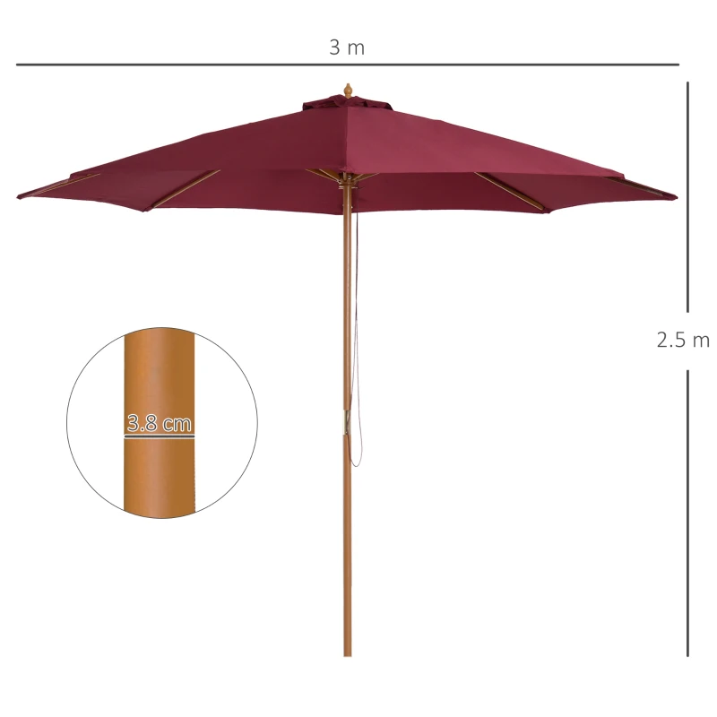 Best 3(m) Garden Parasol, Pulley Operated Patio Umbrella, Wooden Table Market Umbrella with Rope Pulley Mechanism and 8 Ribs, Wine Red - Image 3