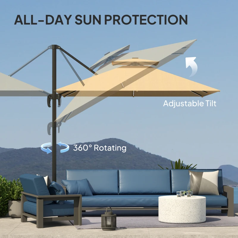 Best 2.5m Cantilever Parasol with Solar Powered LED Lights, 360° Rotation, Tilt Adjustment, Crank Handle, Khaki - Image 4