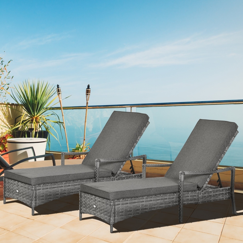 Best PE Rattan Sun Loungers set of 2 with Cushion, Outdoor 2 Pieces Garden Sunbed Furniture with 4-Level Recliner Backrest, and Armrest, Grey - Image 9