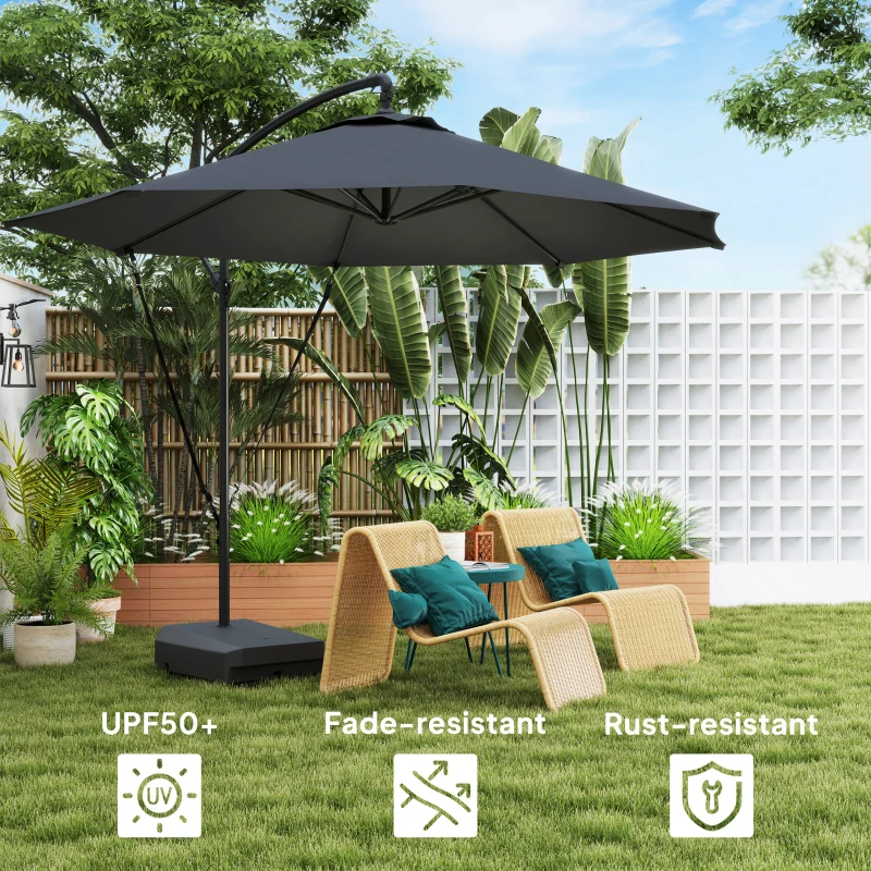 Best 3(m) Garden Cantilever Parasol with Fillable Base, Wind Protection Strap, Cover, Round Banana Hanging Umbrella with Crank Handle and Tilt, Patio Umbrella for Outdoor Sun Shade, UPF50+, Grey - Image 6