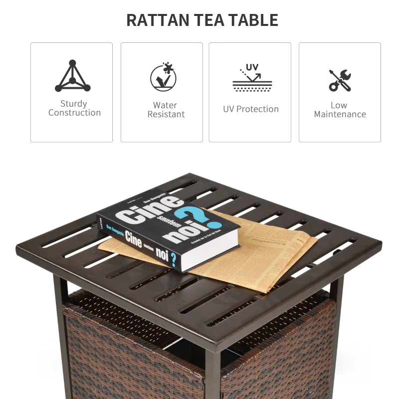 Best Rattan Garden Coffee Table, 55.5 cm Square Wicker Patio Side Coffee Table with 4 cm Umbrella Hole, Metal Bottom and Slatted Top for Outdoor, Balcony, Brown - Image 4