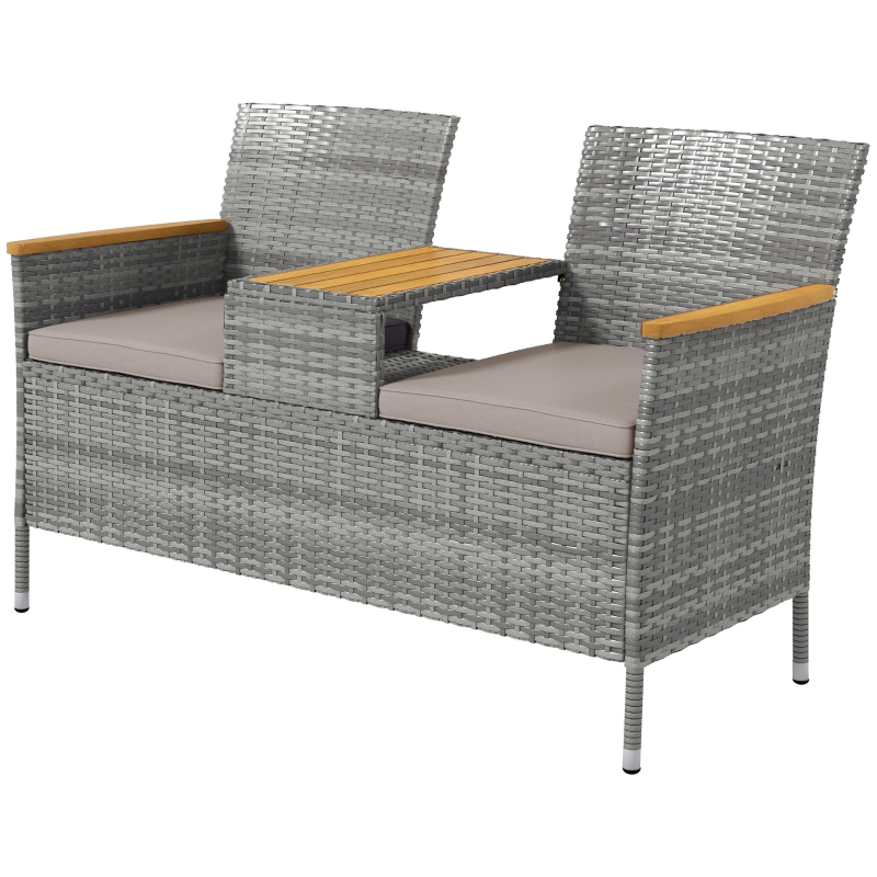 Best Two-Seat Rattan Loveseat, with Wood-Top Middle Table - Grey - Image 11