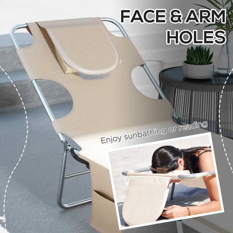 Best Foldable Sun Lounger Set of 2, Beach Chaise Lounges with Reading Hole, Arm Slots, 5-Position Adjustable Backrest, Side Pocket, Pillow for Patio, Garden, Beach, Pool, Beige - Image 5